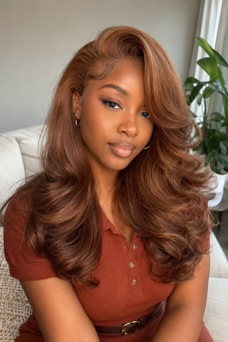 Model wearing a copper body wave wig